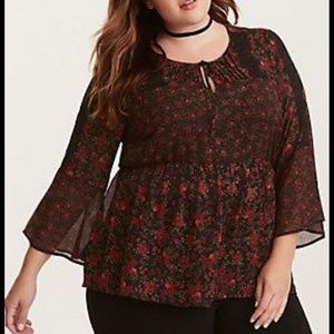 Black with red roses 3/4 sleeve blouse